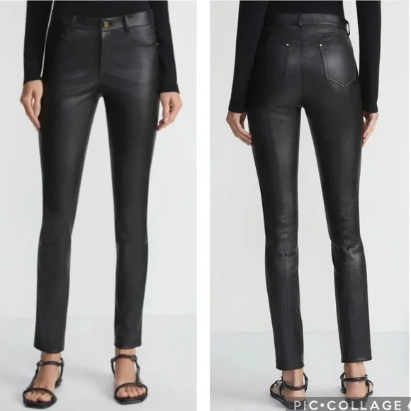 Lafayette 148 New York Spruce Green Mercer Skinny Leg Leather Pants Size 8 - Picture 1 of 13